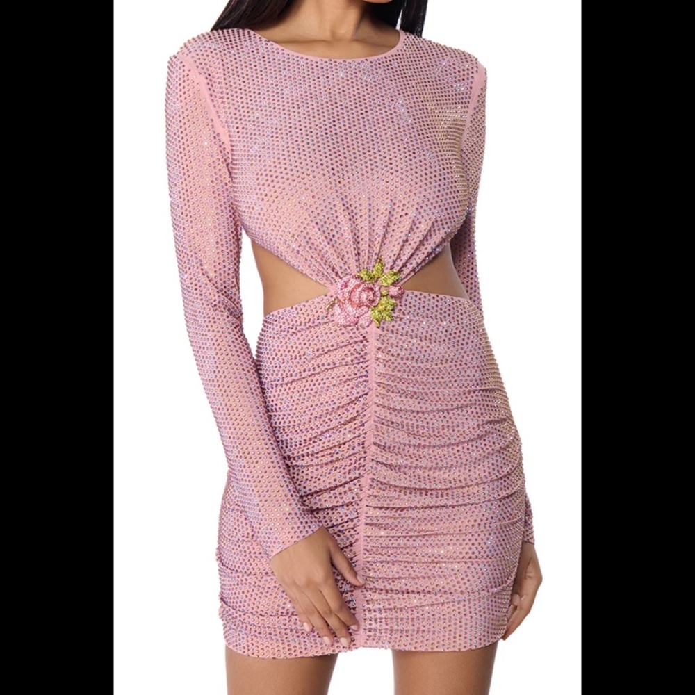 Iridescent Pink women long sleeve rhinestone bodycon dress party cocktail